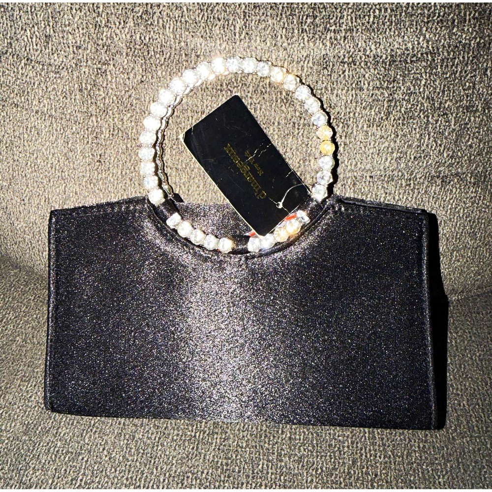 di marquesaux Black Satin Clutch Rhinestone Top Handle Magnetic Lined Strap